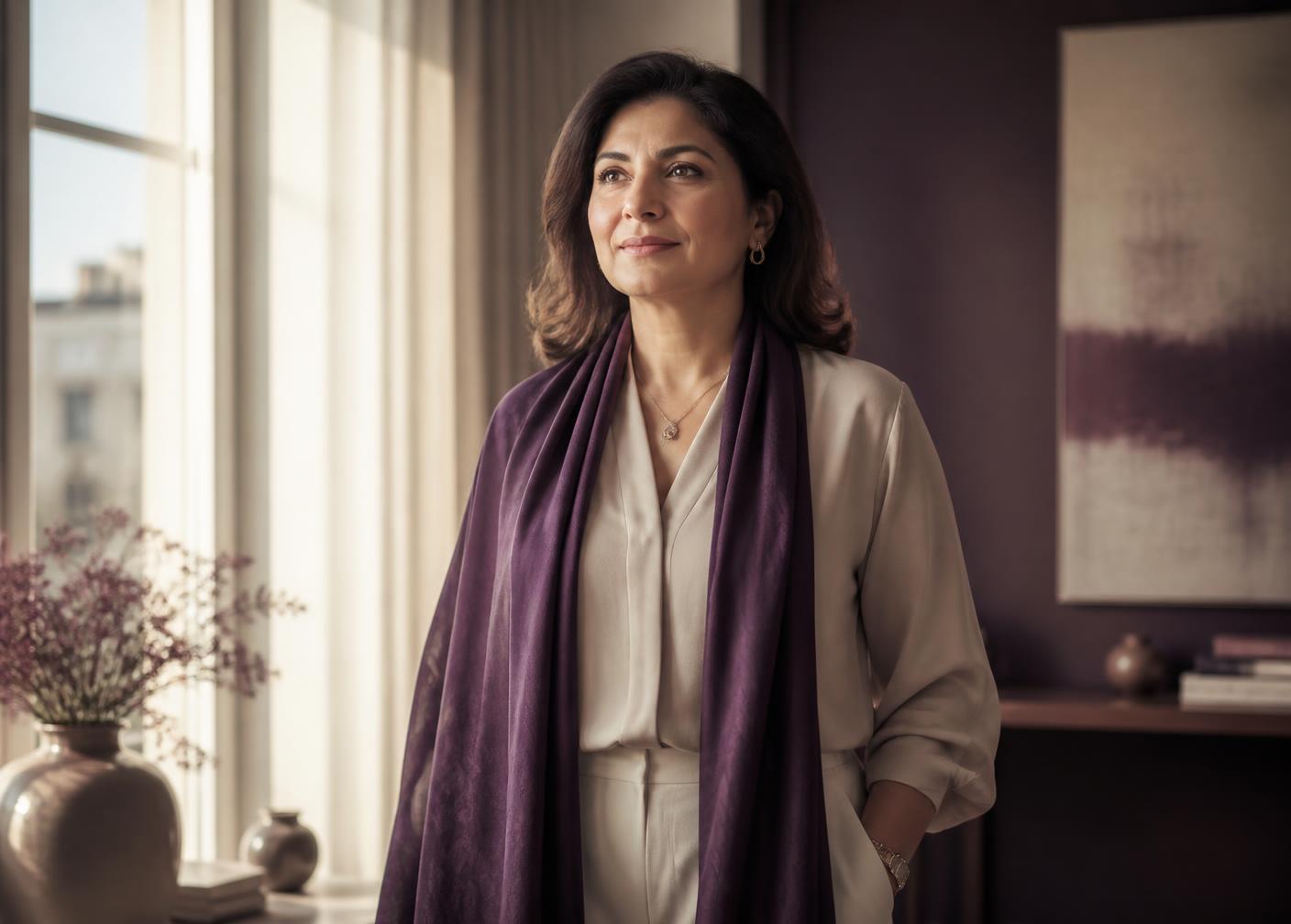 A woman standing by a sunlit window, looking ahead with quiet confidence